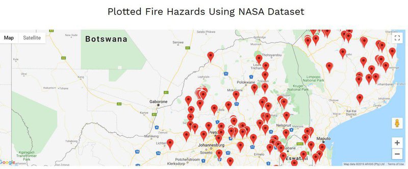 NASA Dataset was used with the integeration of Google MAP's API to plot wild fire incidents.