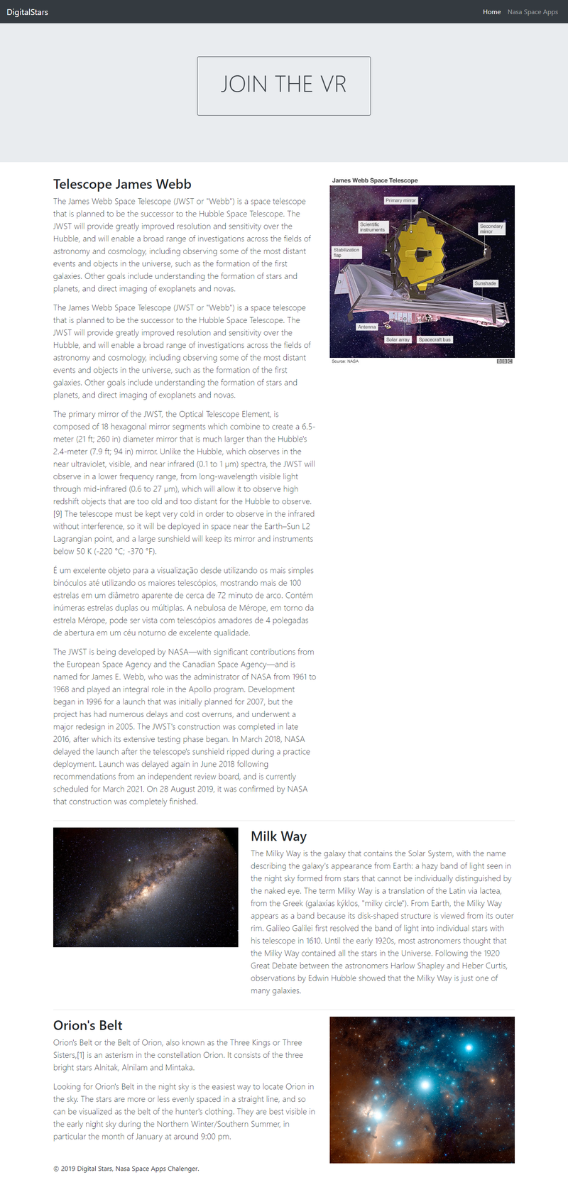 Page with description about JWST showed when the user click on image of the telescope position