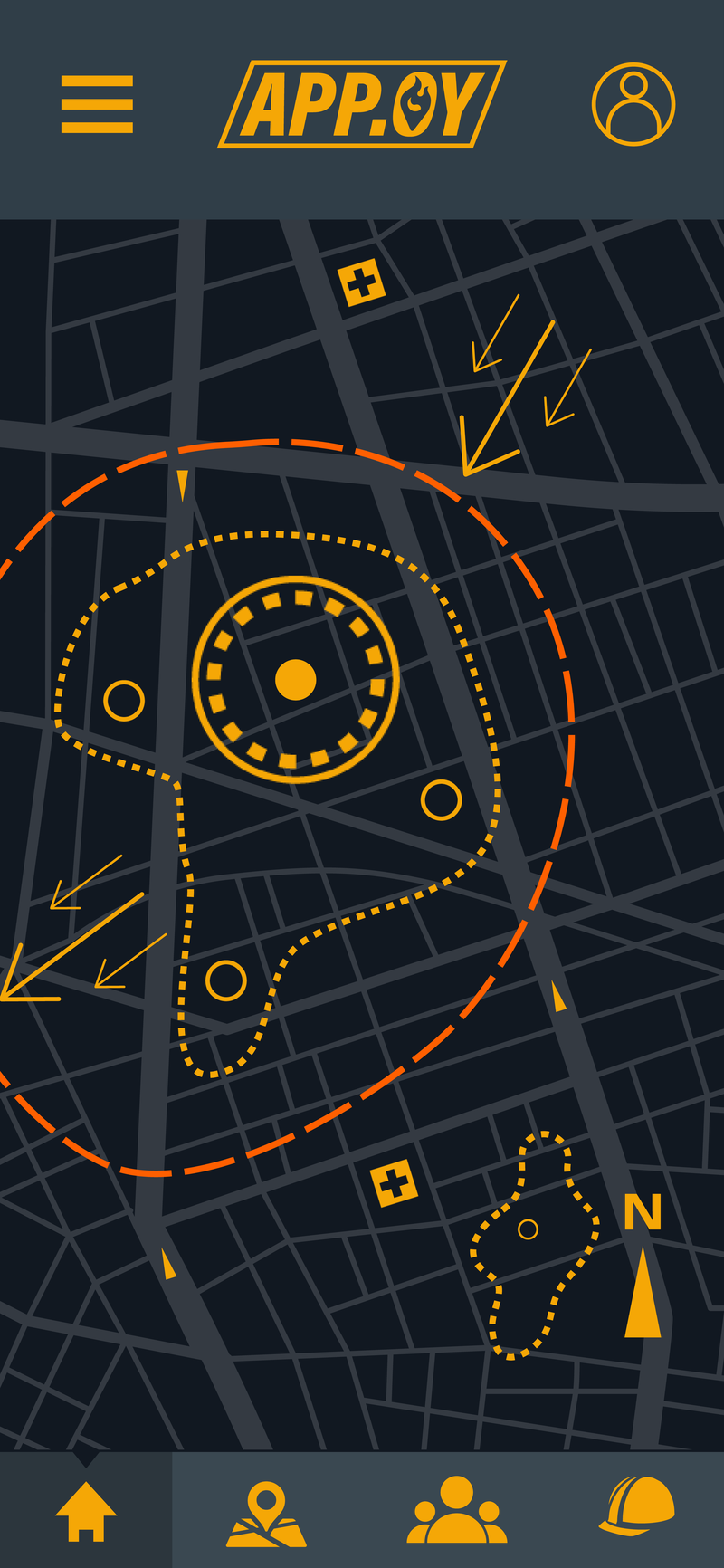 Full screen map that displays thermal anomalies as well as verified fires in the area. The app generates a danger zone based on current wind data and weather.