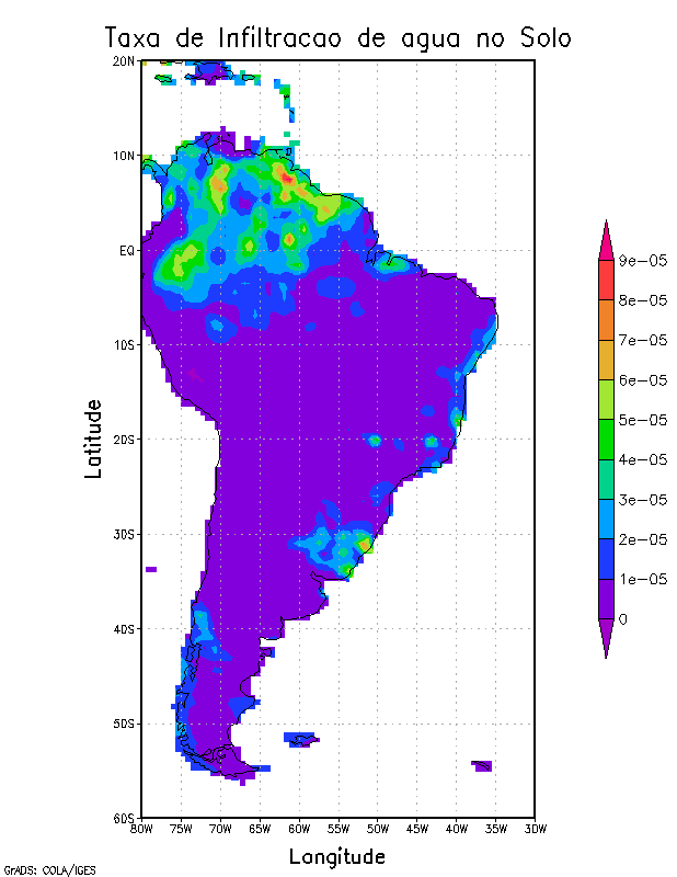 Taxa de Infiltração de Água no Solo em kg/m²s para o dia em 31/08/2019 - Obtido a partir dos dados do Merra 2 Nasa