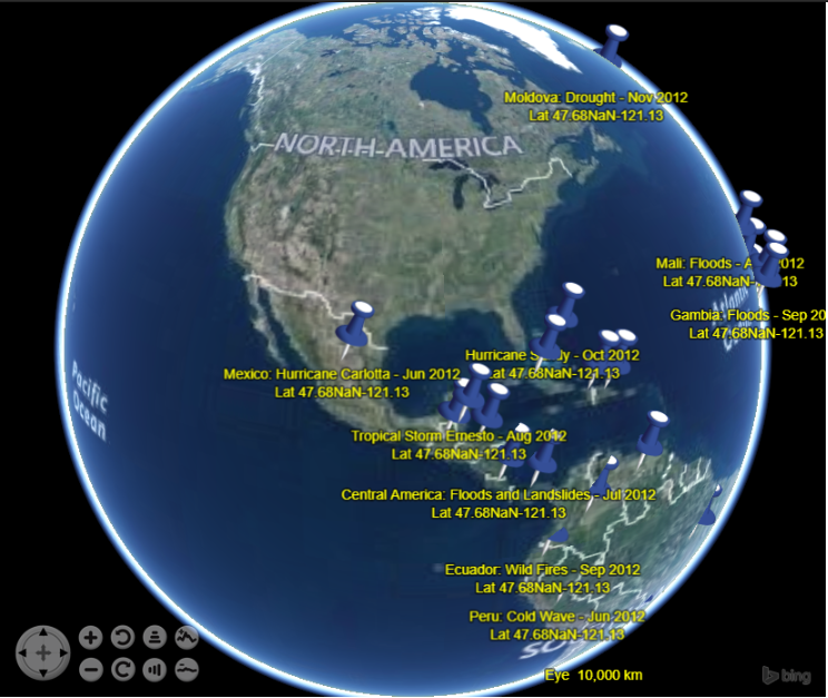 On this image you can also see highlited places of earth disasters fixed by satellites