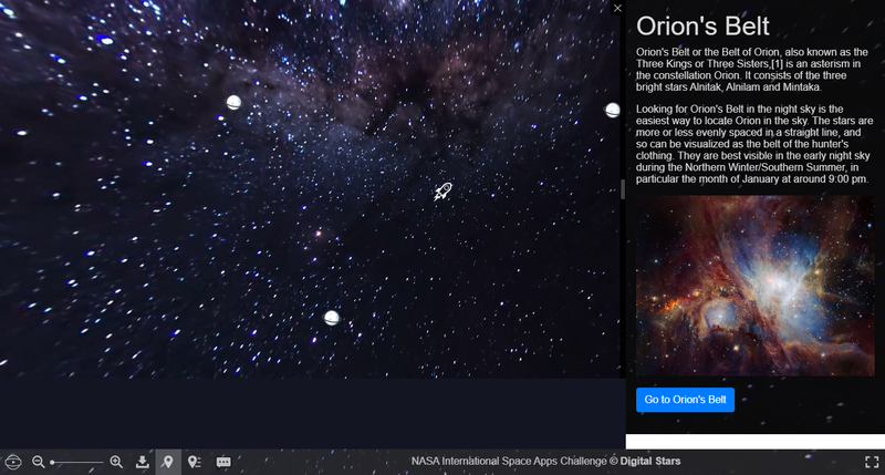 Orion's Belt with its information on side panel when click on the view point 