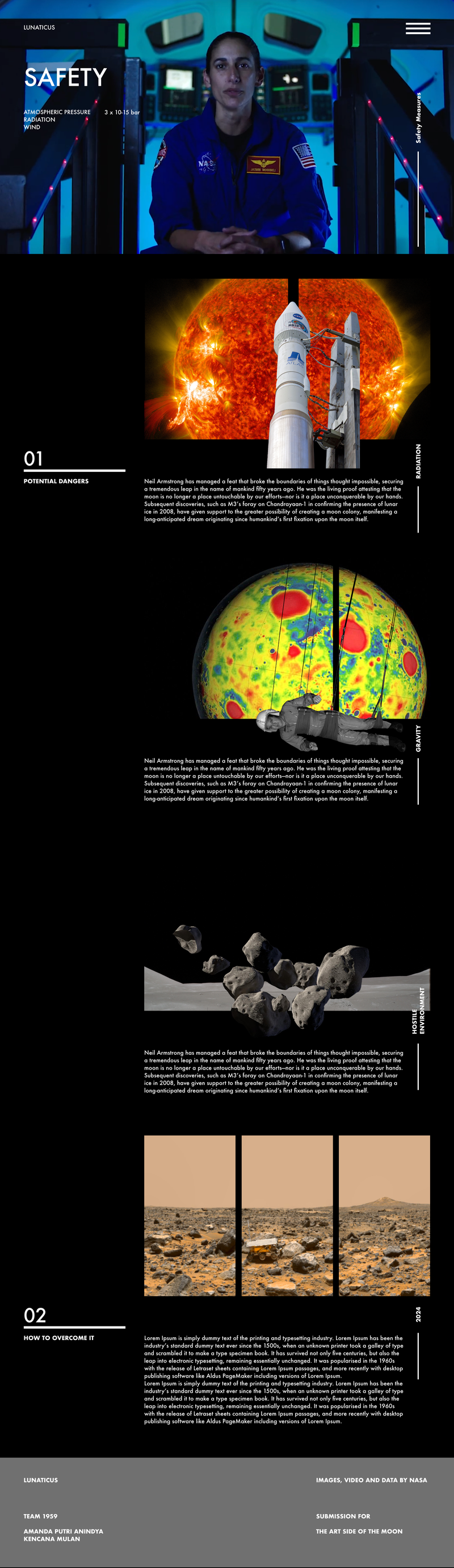 Hi-Fi for Safety page that discusses potential dangers of living on the moon (and potentially mars) and how to adapt and prepare to the environment.