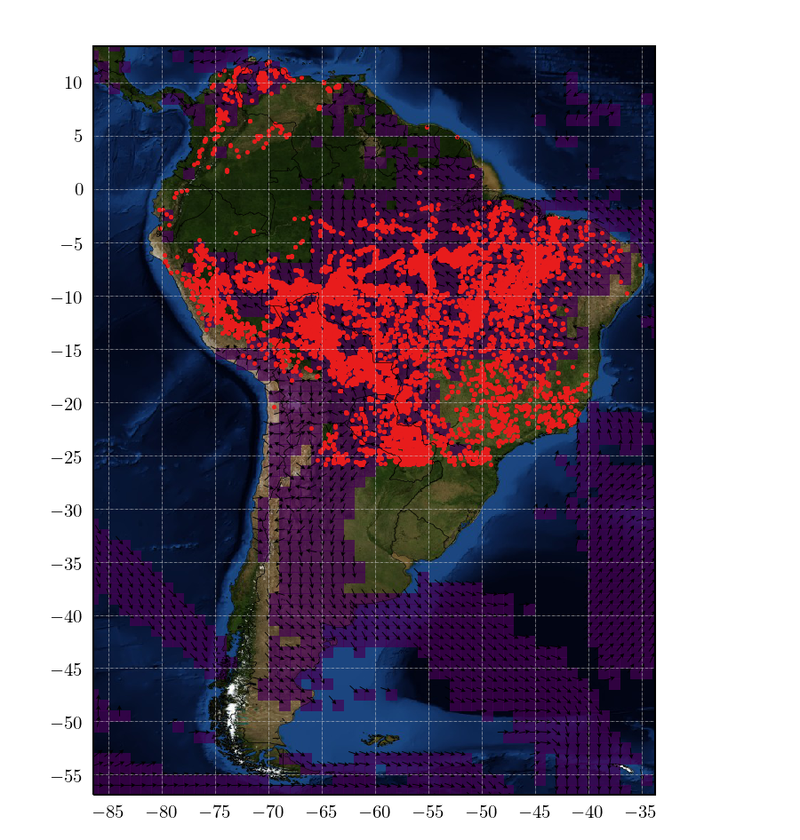 The figure shows the zones with a higher risk of fires (purple areas) and active wildfire (red dots) on August 4, 2019, between 12:00 and 18:00 UTC.