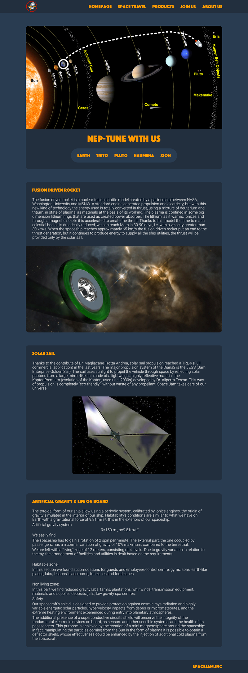 Homepage of our website: propulsion system and life on board