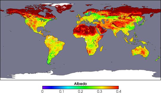 This image was produced using data composited over a 16-day period, from April 7-22, 2002 and shows the level of albedo, around the world