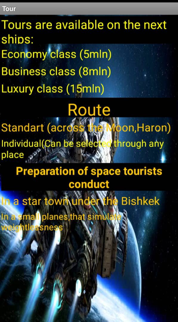 Its a three options of our tour,route and preparation of space tourists conduct