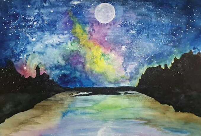 A 1st Scan Image of Simple Drawing Talked About Beauty of The Moon at Night Using Watercolors.