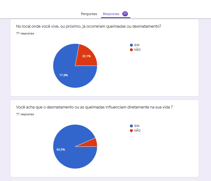 Gráficos do questionário sobre pesquisa dos impactos ambientais no Brasil.
